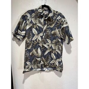 Campia Moda Mens Medium Tropical Palm Leaf Button Down Shirt Cotton Charcoal Tan